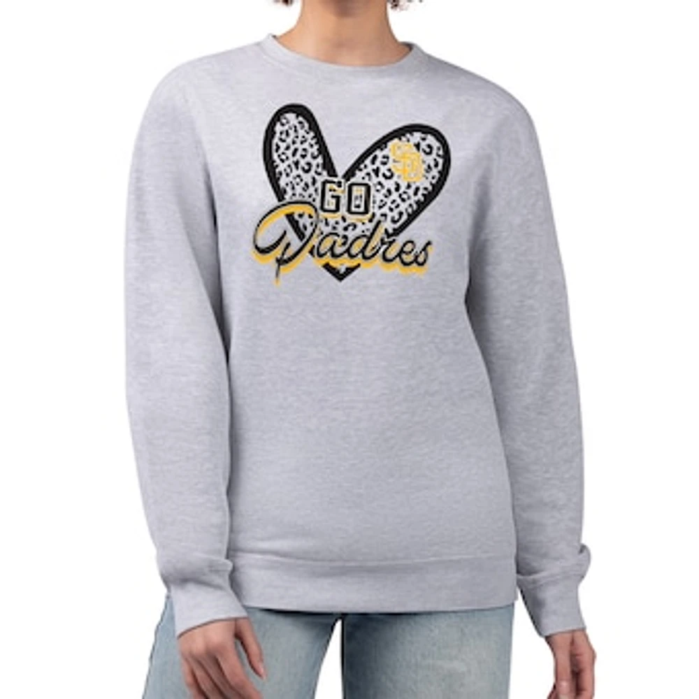 Women's G-III 4Her by Carl Banks Heather Gray San Diego Padres Leopard Heart Pullover Sweatshirt