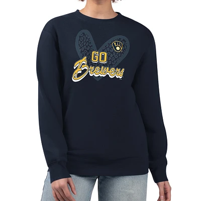 Women's G-III 4Her by Carl Banks Navy Milwaukee Brewers Leopard Heart Pullover Sweatshirt