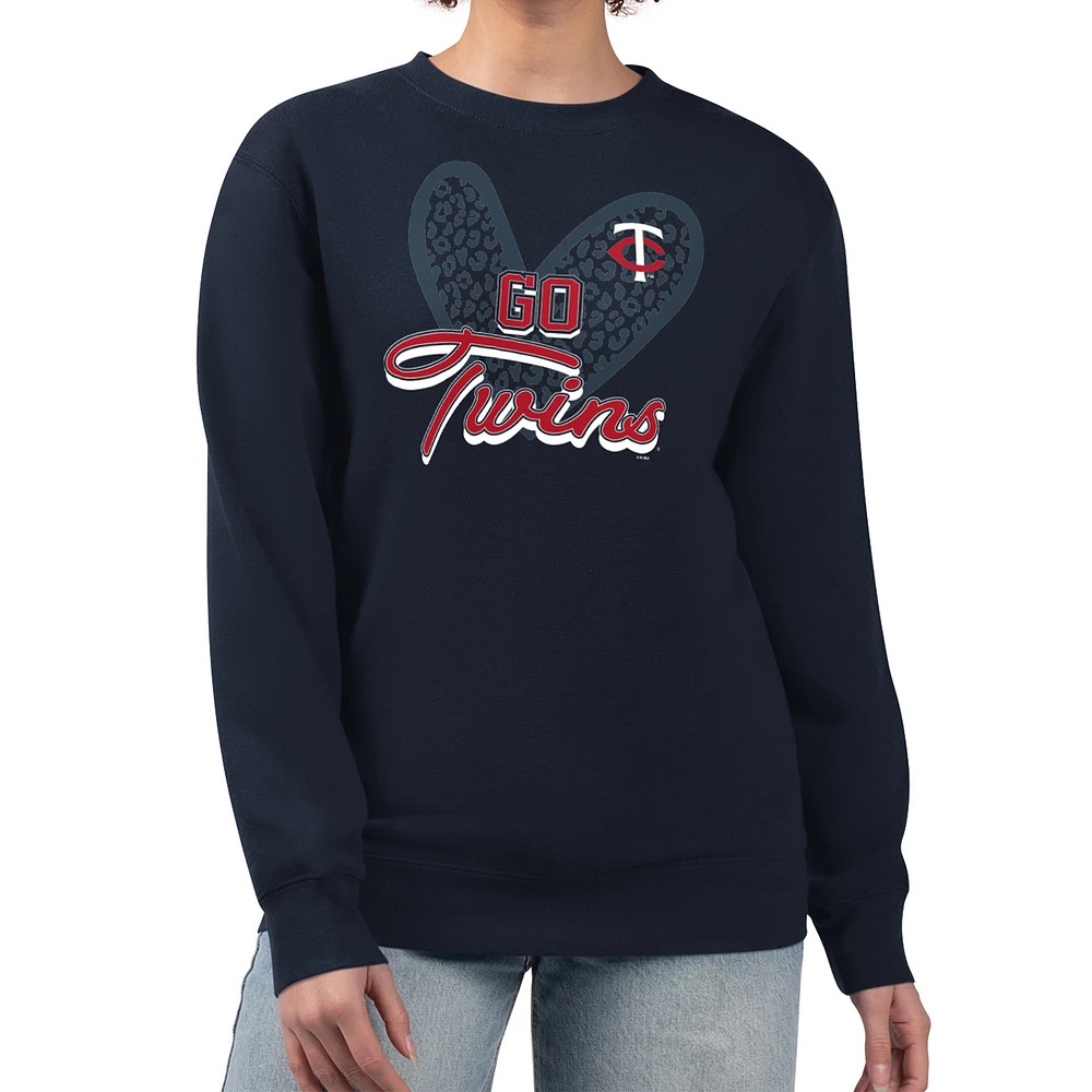 Women's G-III 4Her by Carl Banks Navy Minnesota Twins Leopard Heart Pullover Sweatshirt