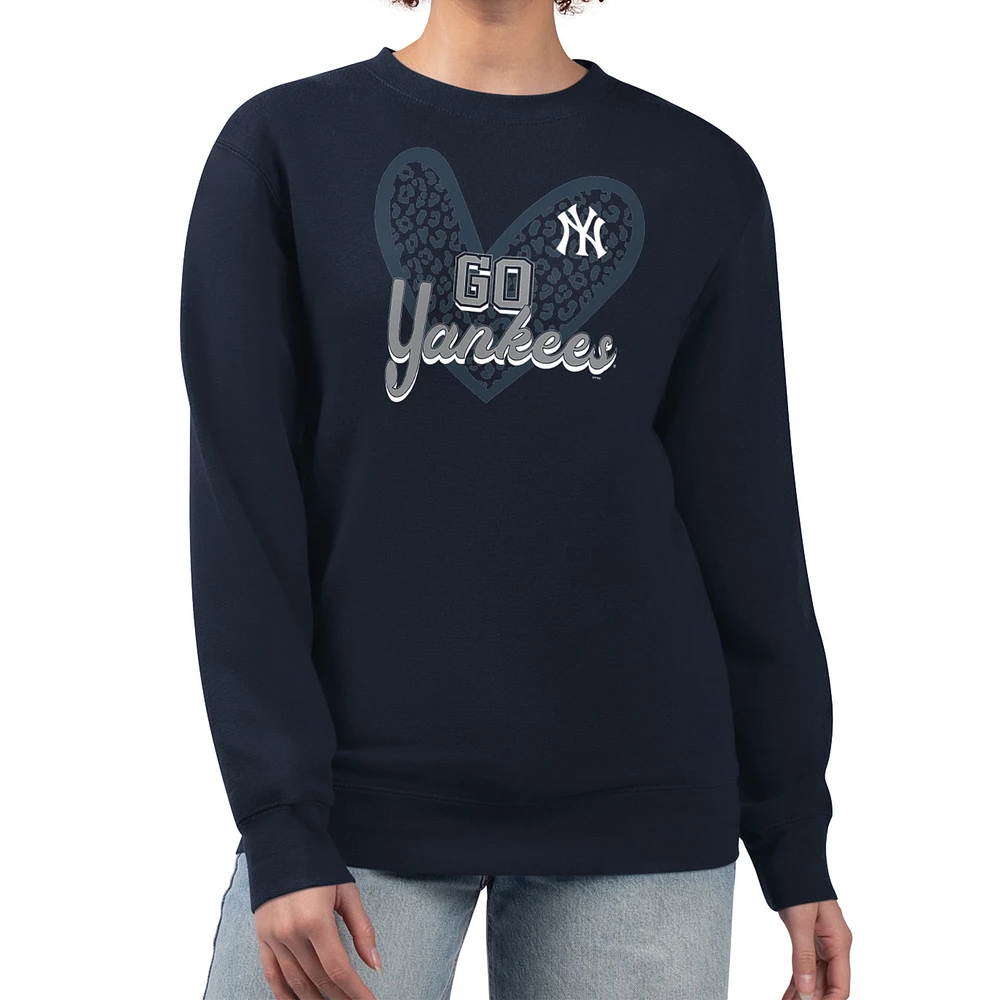 Women's G-III 4Her by Carl Banks Navy New York Yankees Leopard Heart Pullover Sweatshirt