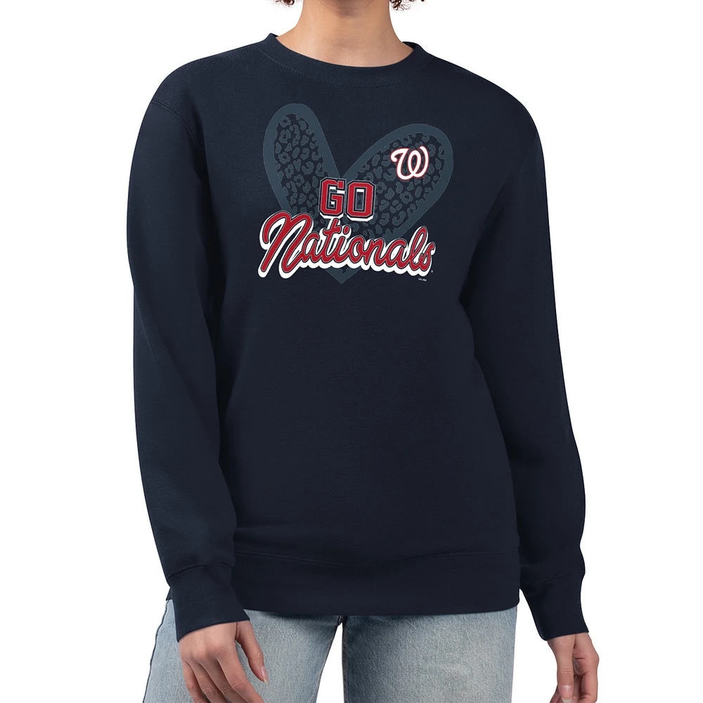 Women's G-III 4Her by Carl Banks Navy Washington Nationals Leopard Heart Pullover Sweatshirt