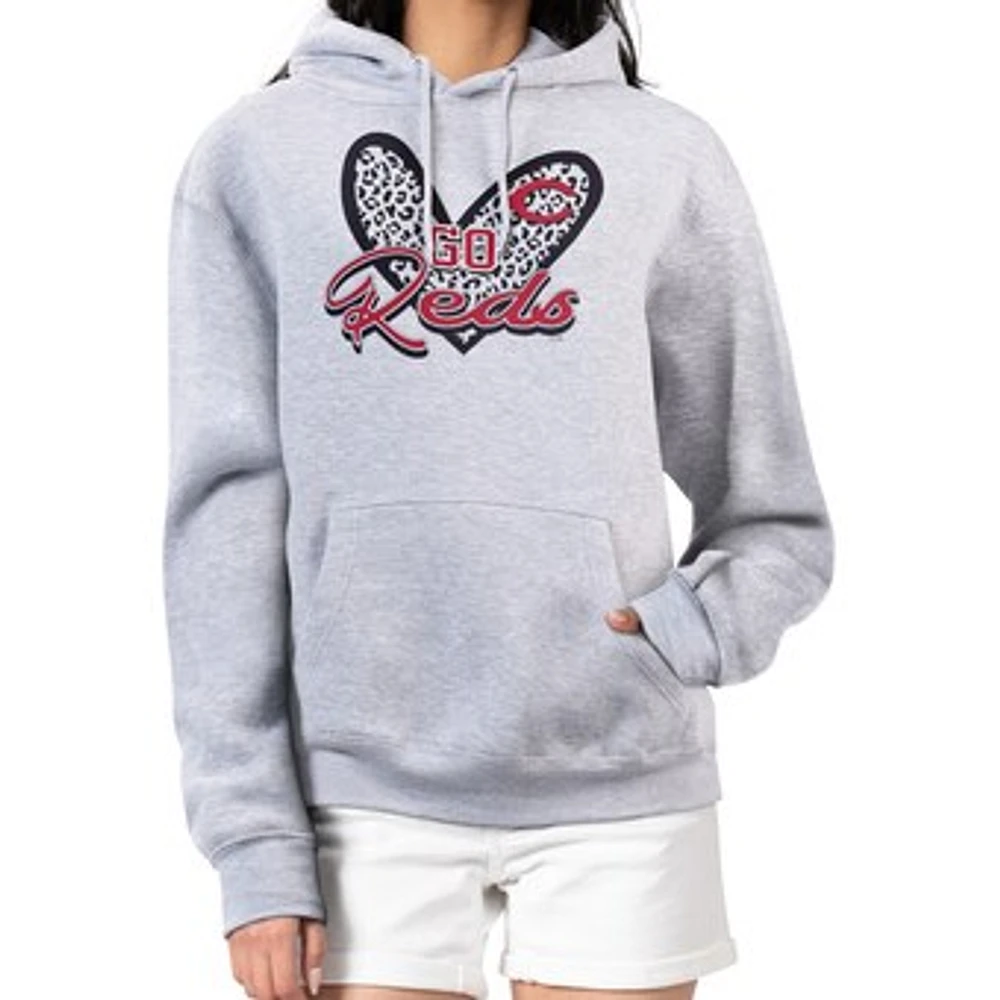 Women's G-III 4Her by Carl Banks Heather Gray Cincinnati Reds Leopard Heart Pullover Hoodie