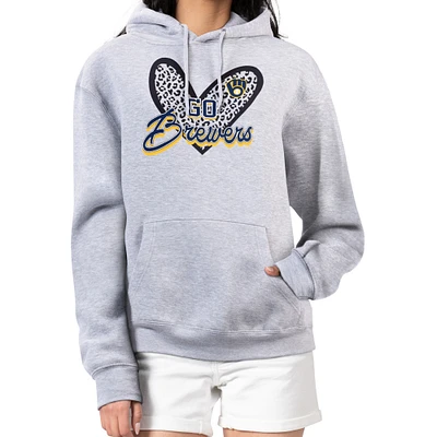 Women's G-III 4Her by Carl Banks Heather Gray Milwaukee Brewers Leopard Heart Pullover Hoodie