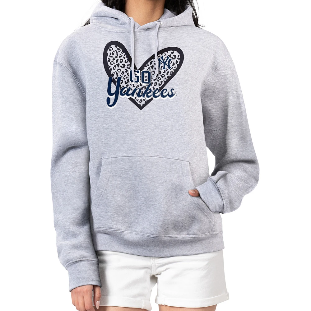 Women's G-III 4Her by Carl Banks Heather Gray New York Yankees Leopard Heart Pullover Hoodie