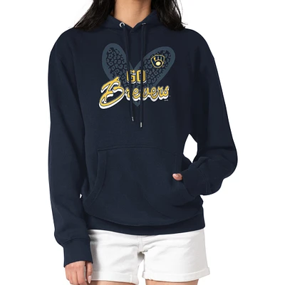 Women's G-III 4Her by Carl Banks Navy Milwaukee Brewers Leopard Heart Pullover Hoodie