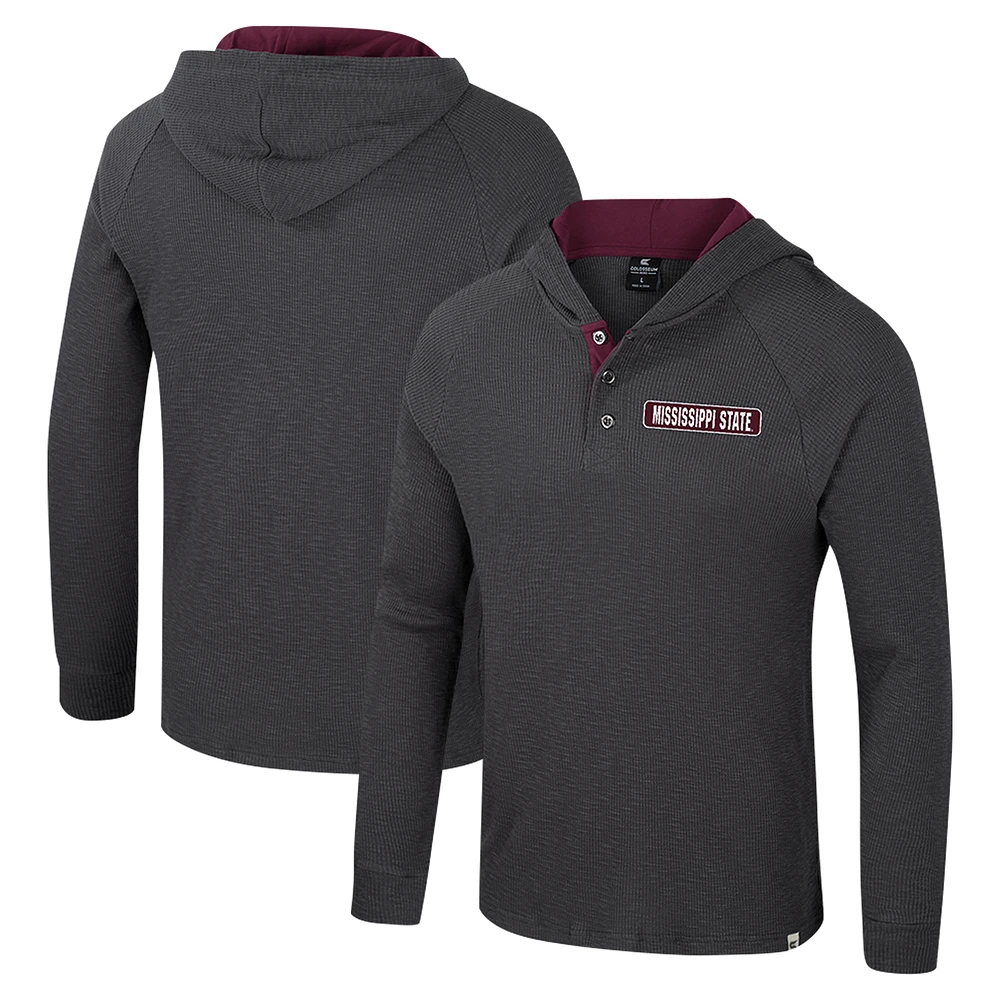 Men's Colosseum Charcoal Mississippi State Bulldogs Dujour Ralgan Long Sleeve Henley Hoodie T-Shirt