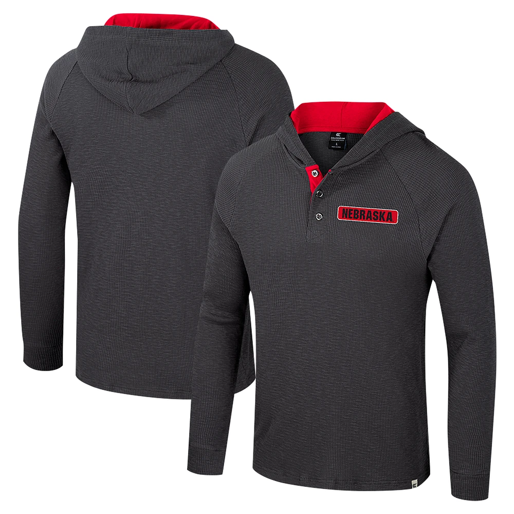Men's Colosseum Charcoal Nebraska Huskers Dujour Ralgan Long Sleeve Henley Hoodie T-Shirt