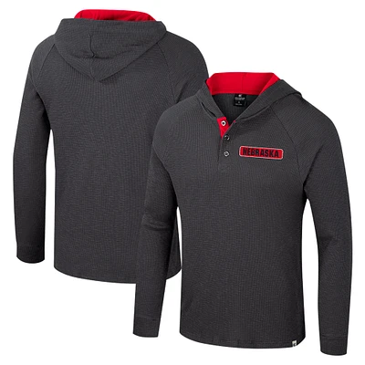 Men's Colosseum Charcoal Nebraska Huskers Dujour Ralgan Long Sleeve Henley Hoodie T-Shirt