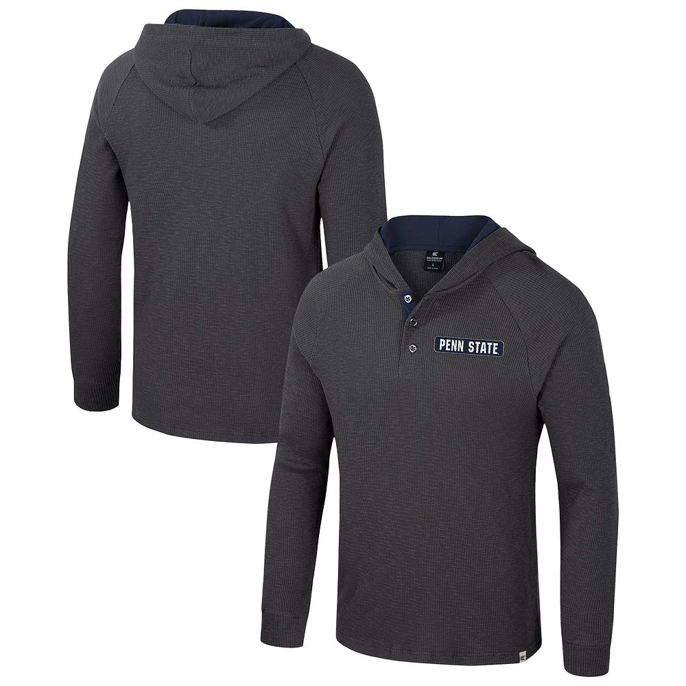 Men's Colosseum Charcoal Penn State Nittany Lions Dujour Ralgan Long Sleeve Henley Hoodie T-Shirt