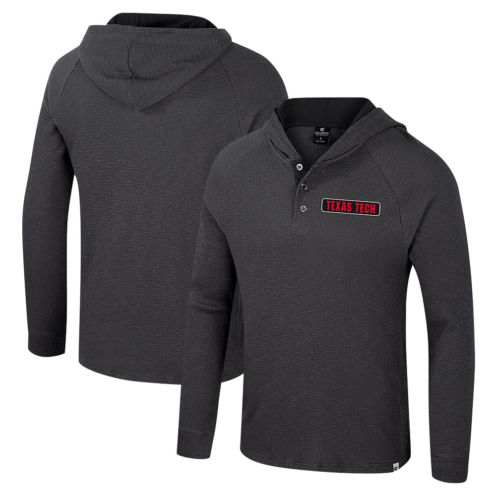 Men's Colosseum Charcoal Texas Tech Red Raiders Dujour Ralgan Long Sleeve Henley Hoodie T-Shirt