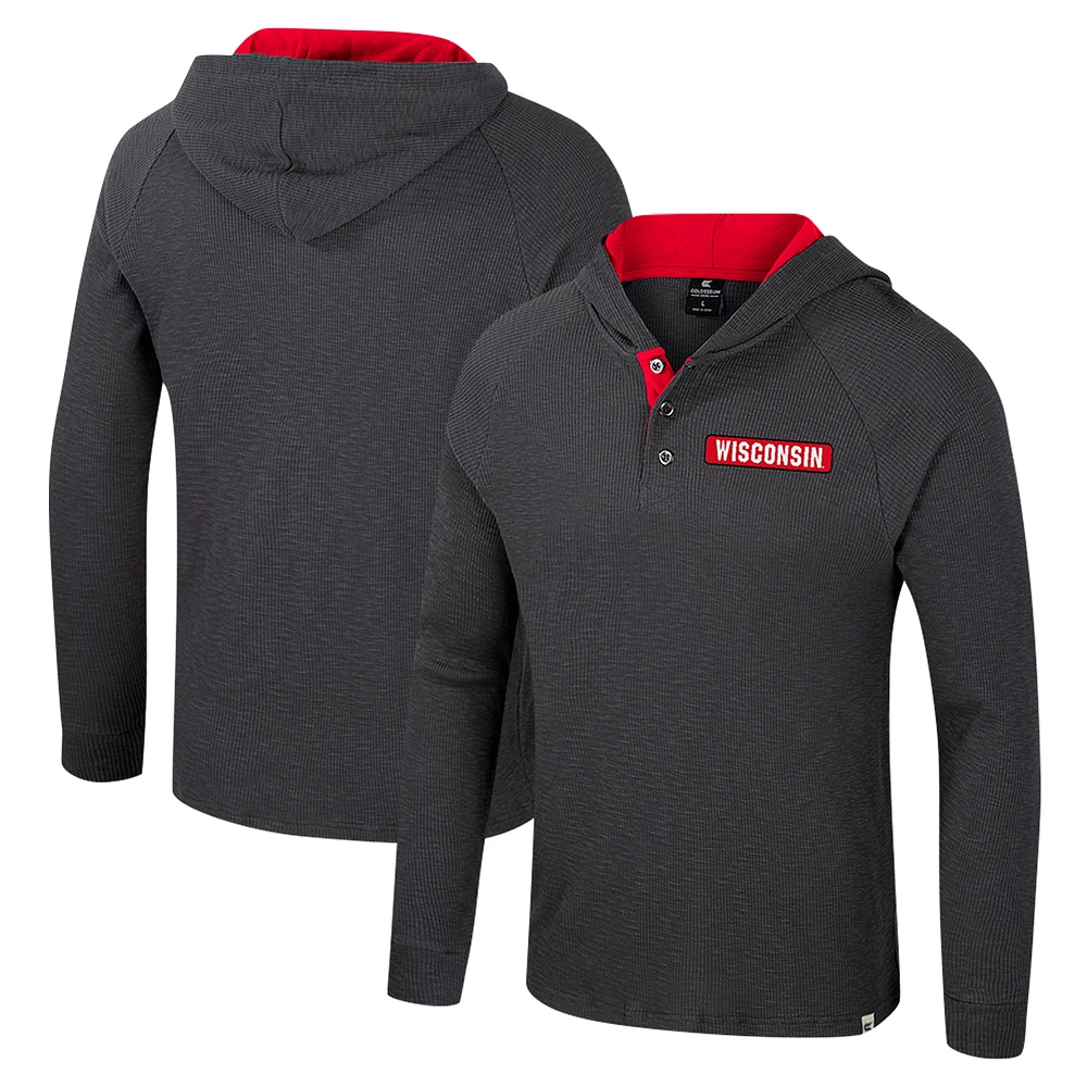 Men's Colosseum Charcoal Wisconsin Badgers Dujour Ralgan Long Sleeve Henley Hoodie T-Shirt