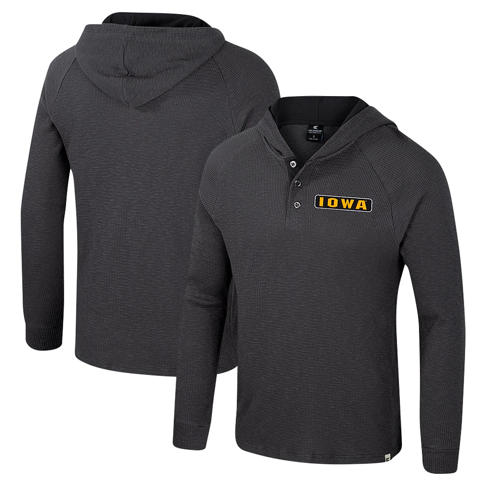 Men's Colosseum Charcoal Iowa Hawkeyes Dujour Ralgan Long Sleeve Henley Hoodie T-Shirt