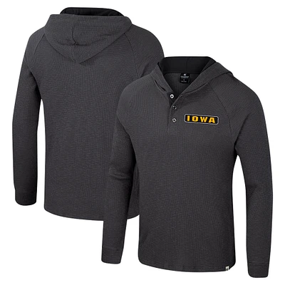 Men's Colosseum Charcoal Iowa Hawkeyes Dujour Ralgan Long Sleeve Henley Hoodie T-Shirt