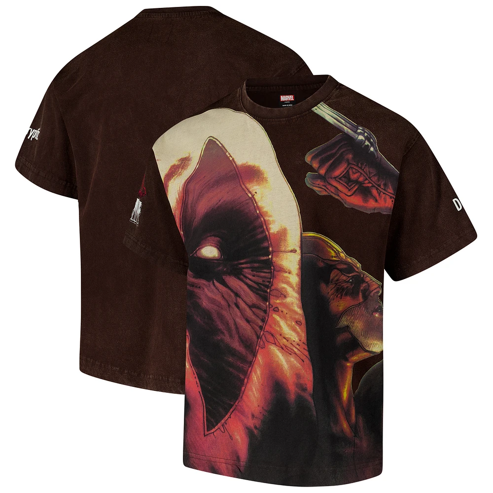 Men's Brown Deadpool & Wolverine Dekryptic Oversized Fit Heavy Wash T-Shirt