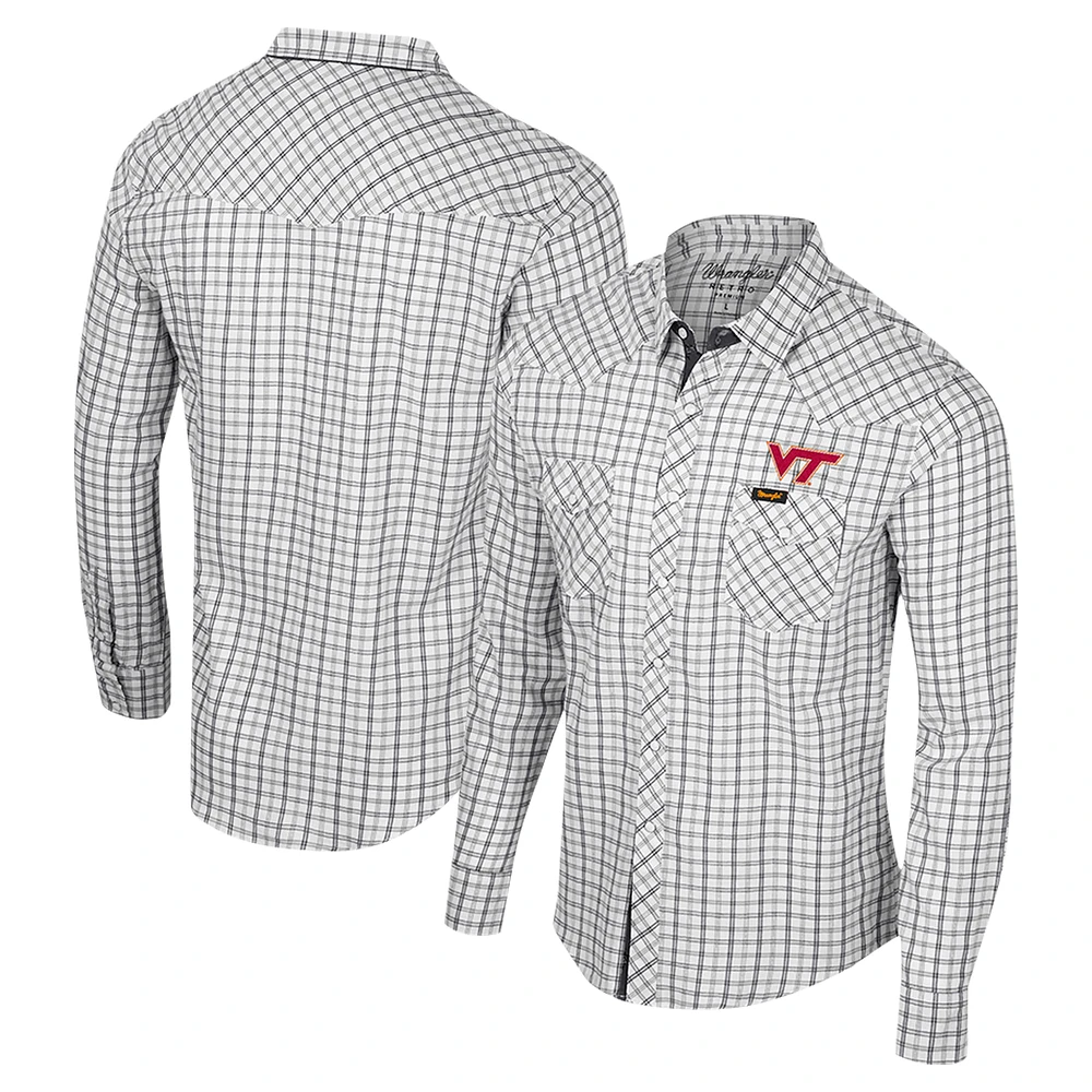 Men's Colosseum x Wrangler White Virginia Tech Hokies Plaid Window Pane Long Sleeve Full-Snap Shirt