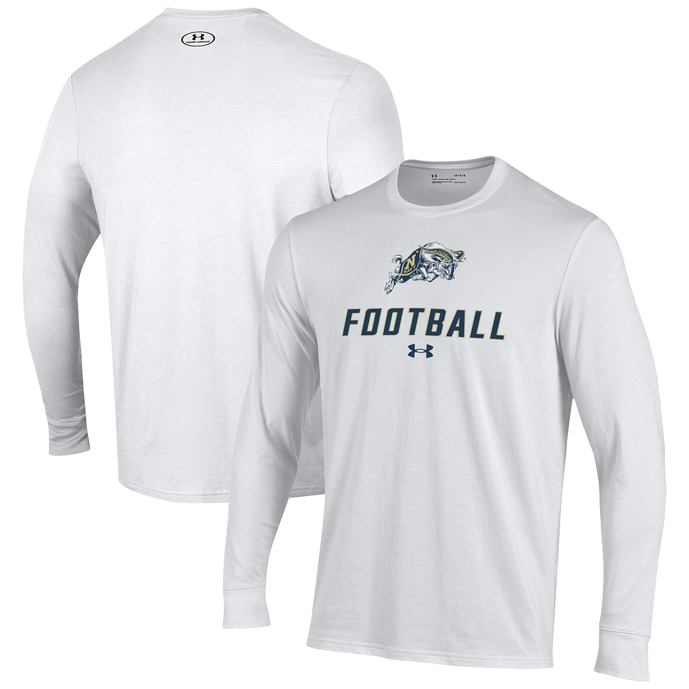 Men's Under Armour White Navy Midshipmen Football Performance Long Sleeve T-Shirt