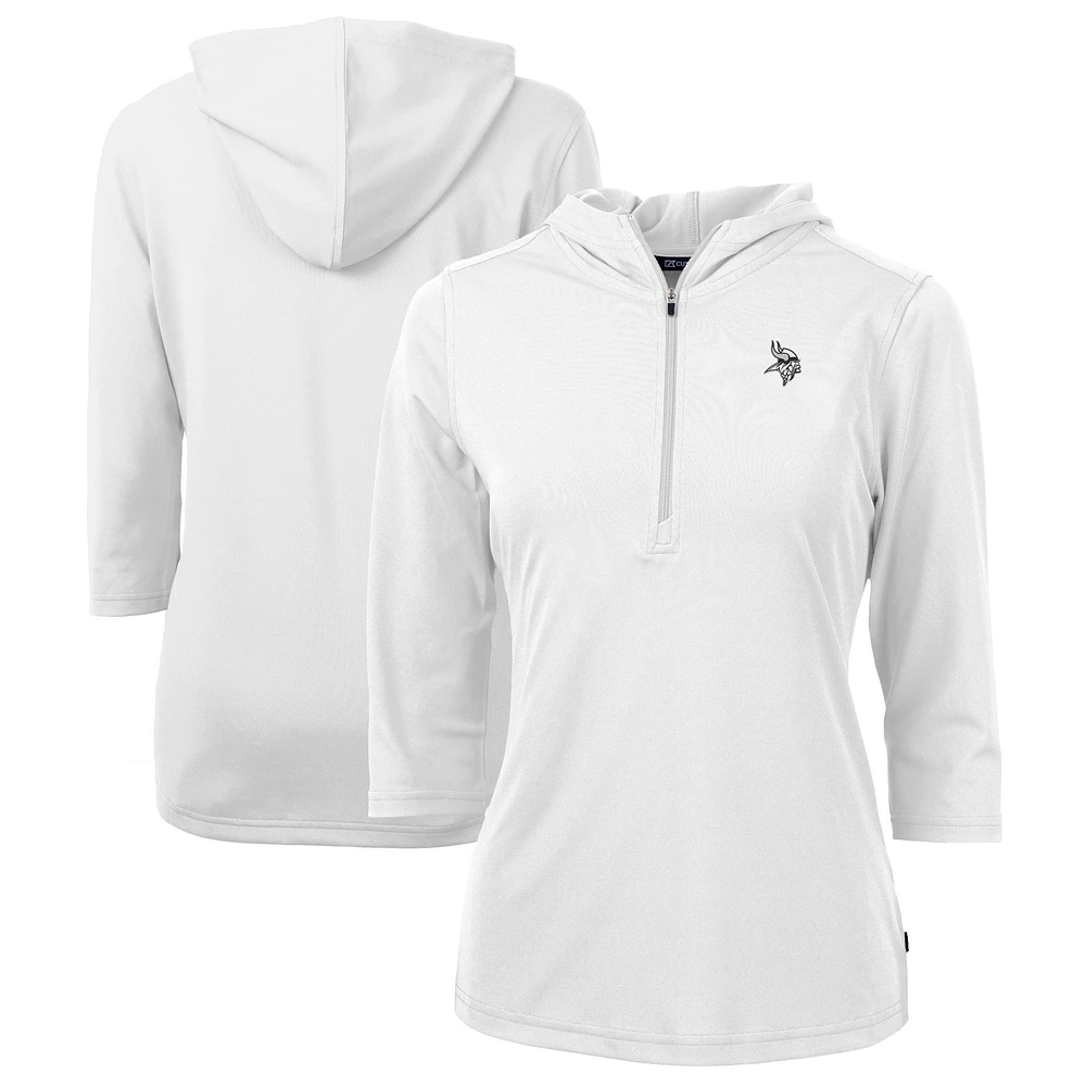 Women's Cutter & Buck White Minnesota Vikings Virtue Eco Pique Recycled Dry Tec 3/4-Sleeve Half-Zip Hoodie