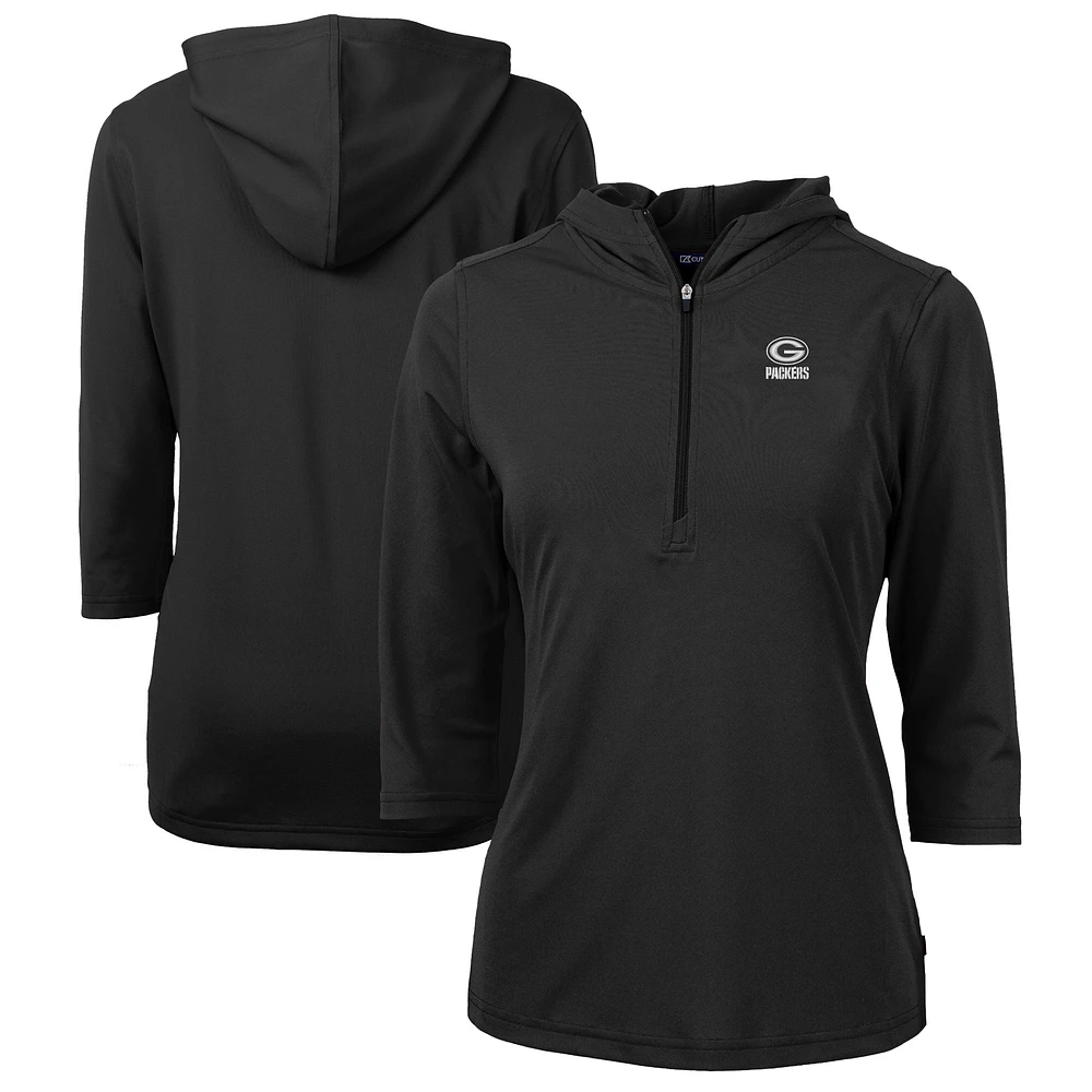 Women's Cutter & Buck Black Green Bay Packers Virtue Eco Pique Recycled Dry Tec 3/4-Sleeve Half-Zip Hoodie