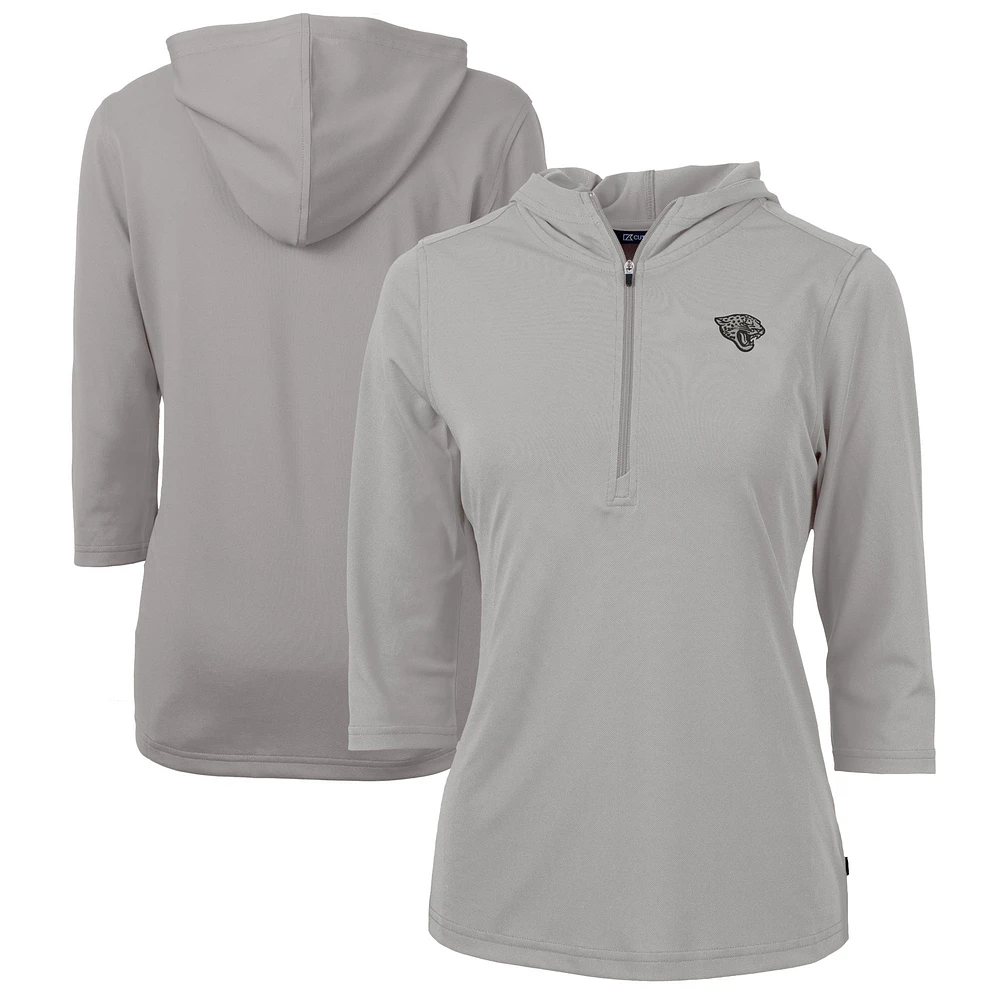 Women's Cutter & Buck Gray Jacksonville Jaguars Virtue Eco Pique Recycled Dry Tec 3/4-Sleeve Half-Zip Hoodie