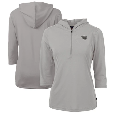 Women's Cutter & Buck Gray Jacksonville Jaguars Virtue Eco Pique Recycled Dry Tec 3/4-Sleeve Half-Zip Hoodie