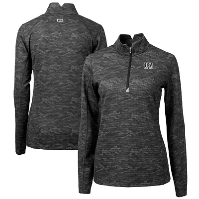 Women's Cutter & Buck Black Cincinnati Bengals Traverse Camo Print Stretch Tri-Blend Quarter-Zip Top