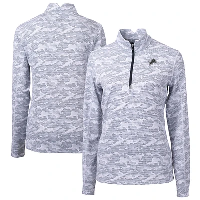 Women's Cutter & Buck Gray Detroit Lions Traverse Camo Print Stretch Tri-Blend Quarter-Zip Top