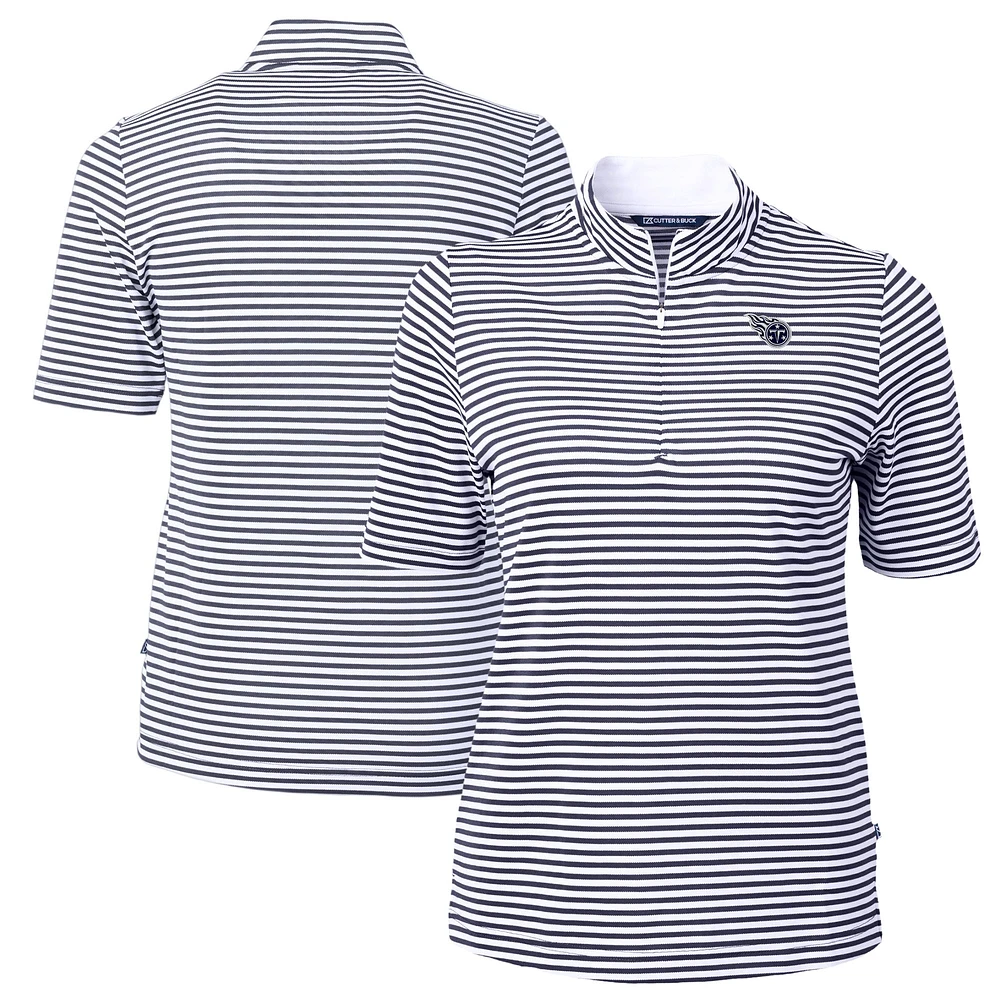 Women's Cutter & Buck Navy Tennessee Titans Virtue Eco Pique Stripe Recycled Quarter-Zip Pullover Top