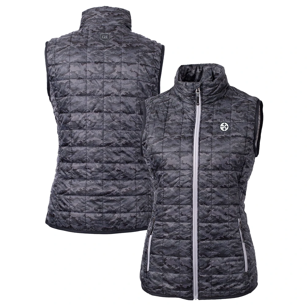 Women's Cutter & Buck Black Pittsburgh Steelers Rainier PrimaLoft Eco Insulated Full-Zip Printed Puffer Vest