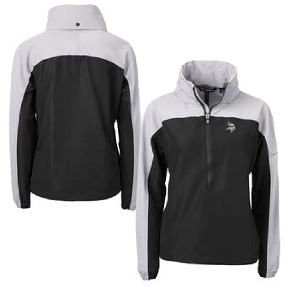 Women's Cutter & Buck Black/Gray Minnesota Vikings Charter Eco Recycled Half-Zip Hoodie Anorak Jacket