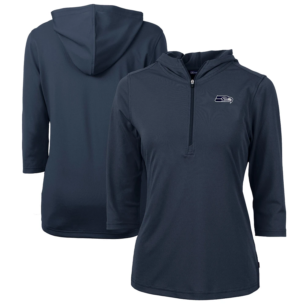 Women's Cutter & Buck College Navy Seattle Seahawks Virtue Eco Pique Recycled Dry Tec 3/4-Sleeve Half-Zip Hoodie