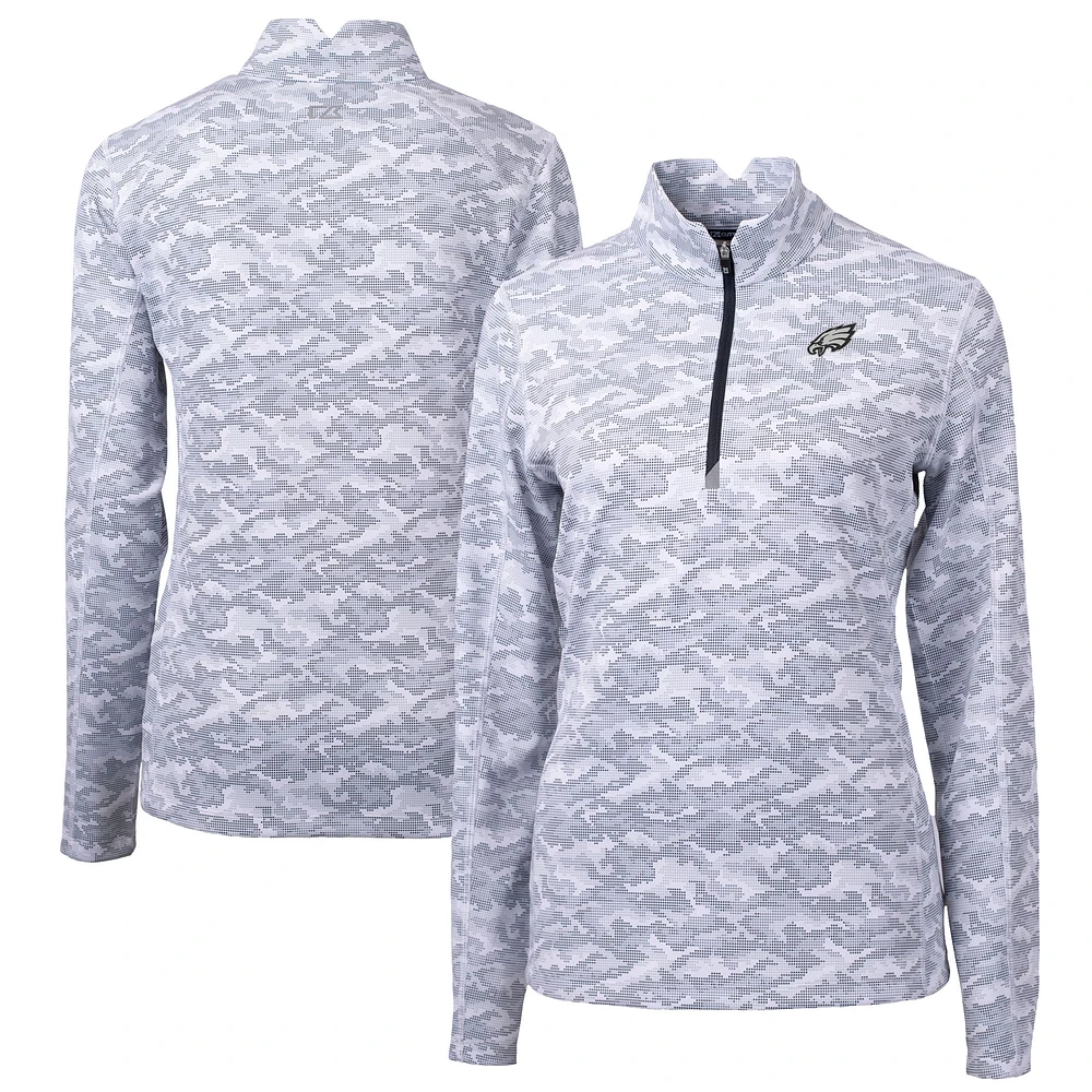 Women's Cutter & Buck Gray Philadelphia Eagles Traverse Camo Print Stretch Tri-Blend Quarter-Zip Top