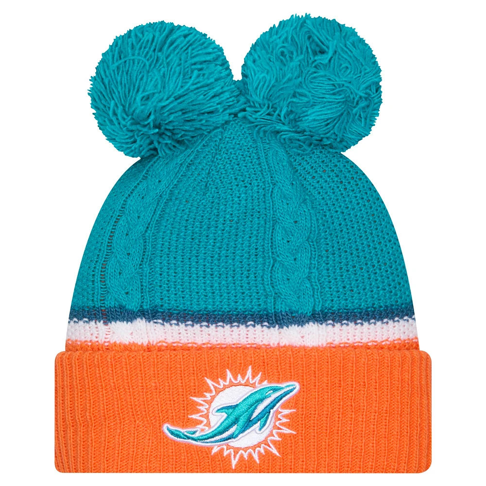 Women's New Era Aqua Miami Dolphins Double Bubble Cuffed Knit Hat with Poms