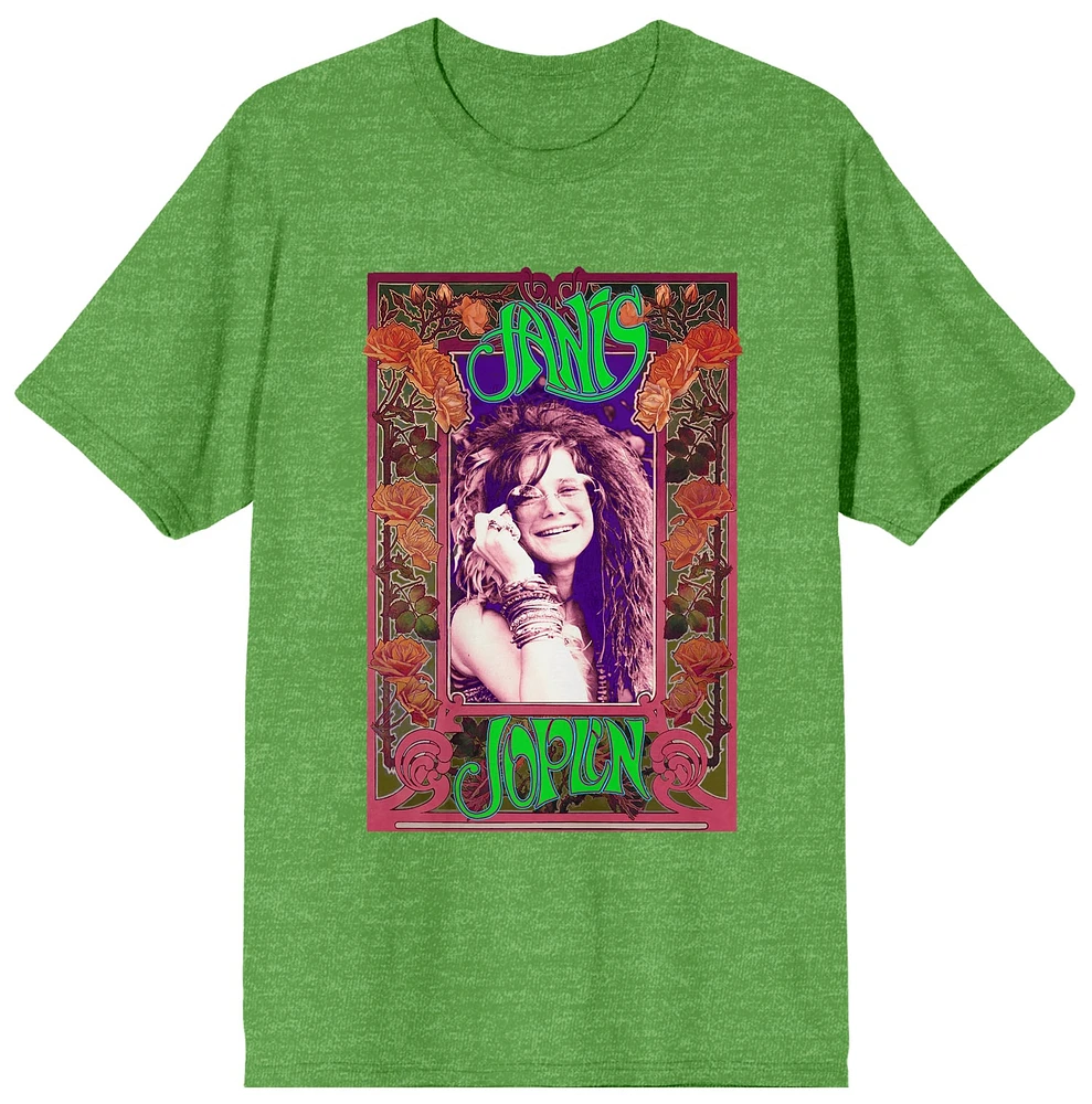 Women's Green Janis Joplin Rose Border Art T-Shirt