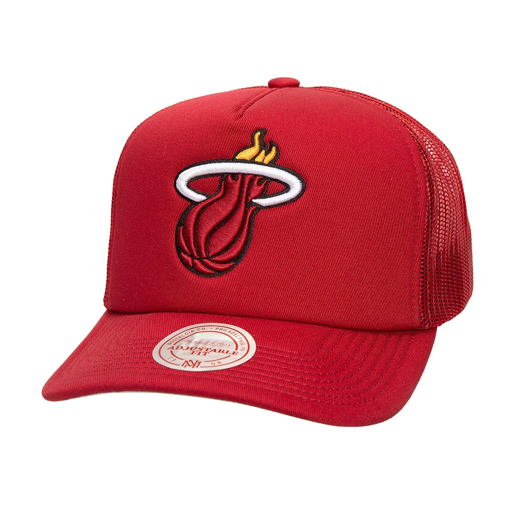Men's Mitchell & Ness Red Miami Heat Core Evergreen OTC Trucker Adjustable Hat