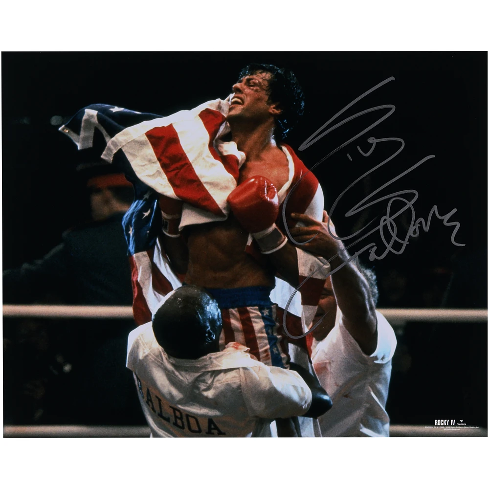 Sylvester Stallone Rocky IV Autographed 16" x 20" Draped in the American Flag Photograph - Signed in Silver Ink
