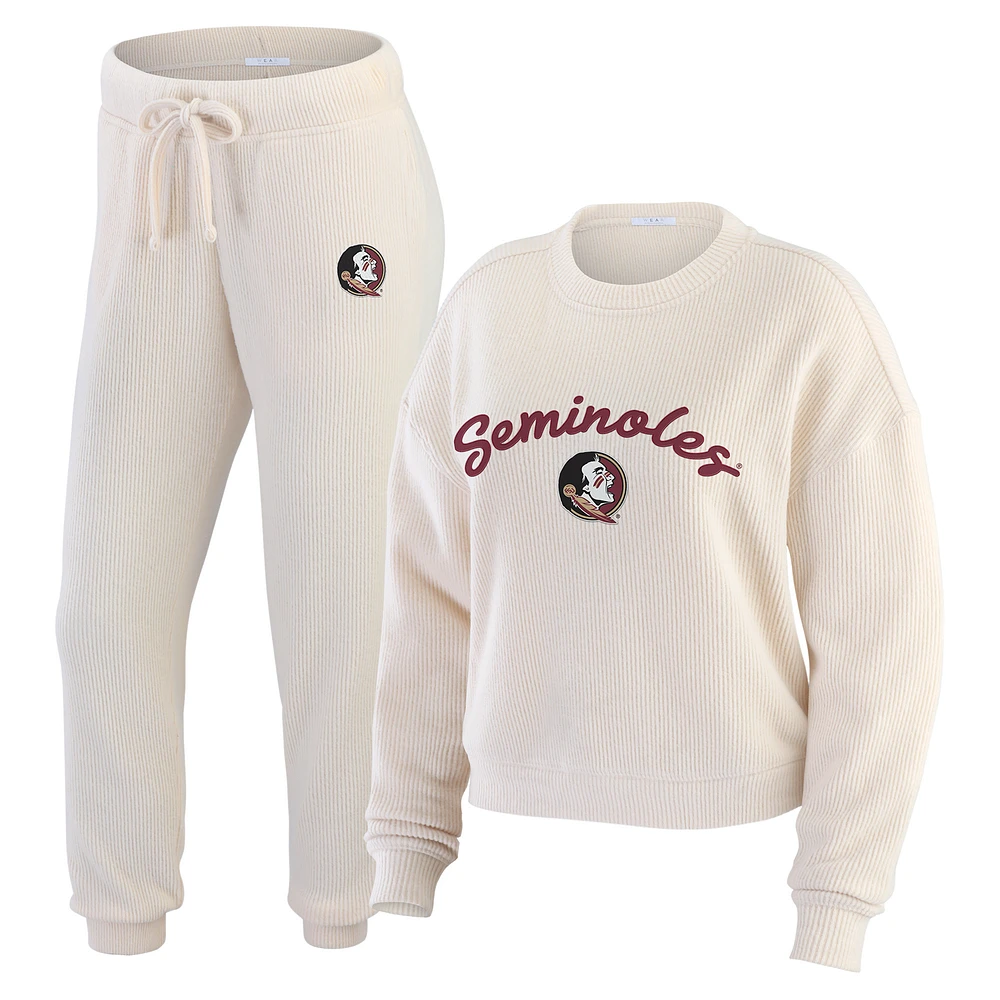 Women's WEAR by Erin Andrews Cream Florida State Seminoles Rib-Knit Long Sleeve T-Shirt & Pants Lounge Set