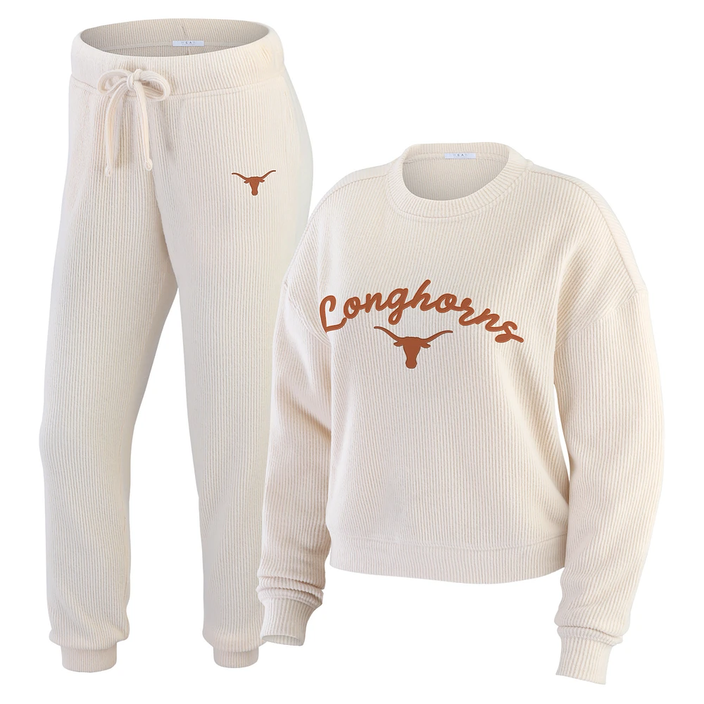 Women's WEAR by Erin Andrews Cream Texas Longhorns Rib-Knit Long Sleeve T-Shirt & Pants Lounge Set