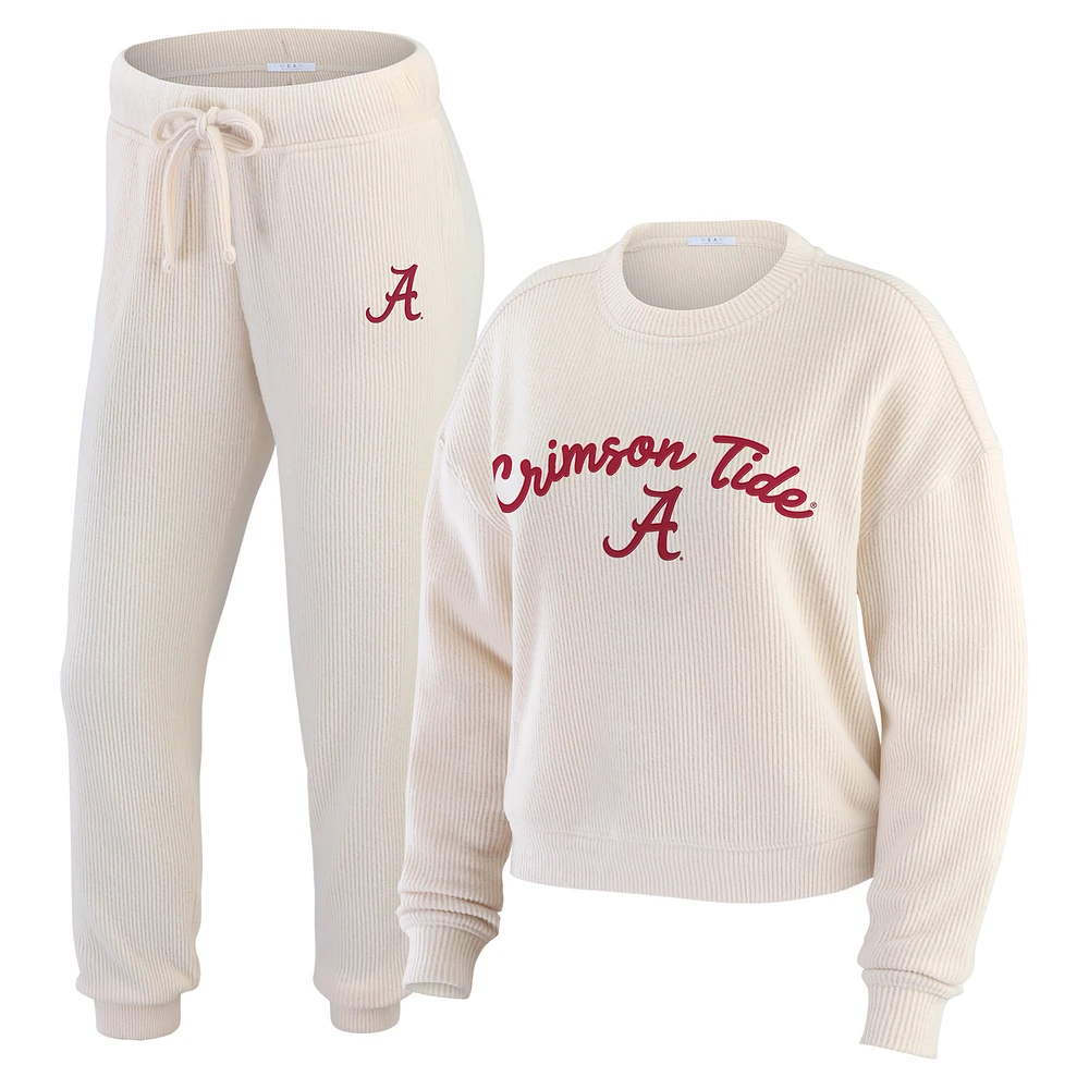 Women's WEAR by Erin Andrews Cream Alabama Crimson Tide Rib-Knit Long Sleeve T-Shirt & Pants Lounge Set