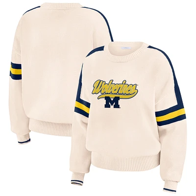 Women's WEAR by Erin Andrews Cream Michigan Wolverines Chenille Woven Patch Stripe Pullover Sweater