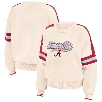 Women's WEAR by Erin Andrews Cream Alabama Crimson Tide Chenille Woven Patch Stripe Pullover Sweater