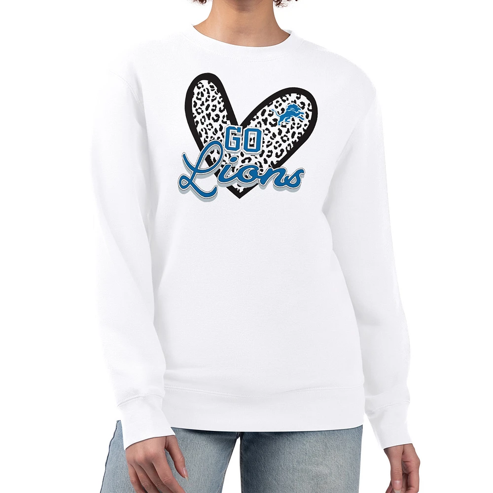 Women's G-III 4Her by Carl Banks White Detroit Lions Leopard Heart Pullover Sweatshirt
