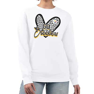 Women's G-III 4Her by Carl Banks White Pittsburgh Steelers Leopard Heart Pullover Sweatshirt