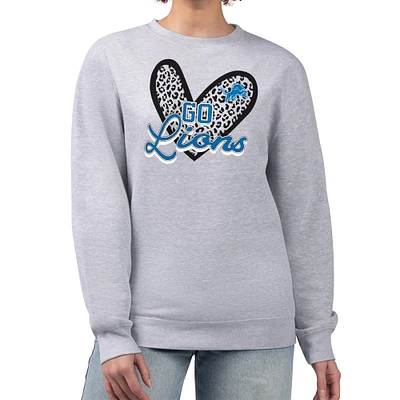 Women's G-III 4Her by Carl Banks Heather Gray Detroit Lions Leopard Heart Pullover Sweatshirt
