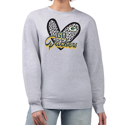 Women's G-III 4Her by Carl Banks Heather Gray Green Bay Packers Leopard Heart Pullover Sweatshirt