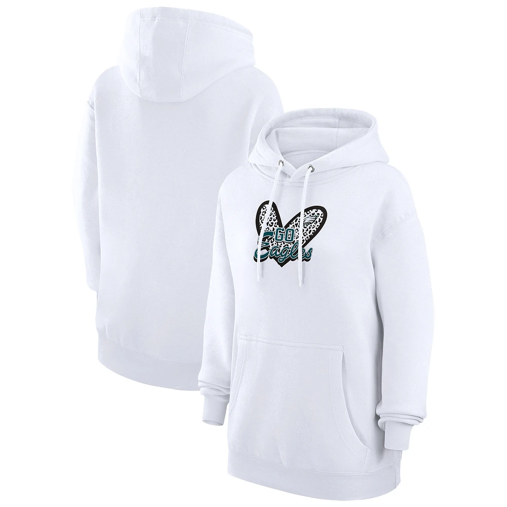 Women's G-III 4Her by Carl Banks White Philadelphia Eagles Animal Print Heart Team Graphic Fleece Tri-Blend Pullover Hoodie