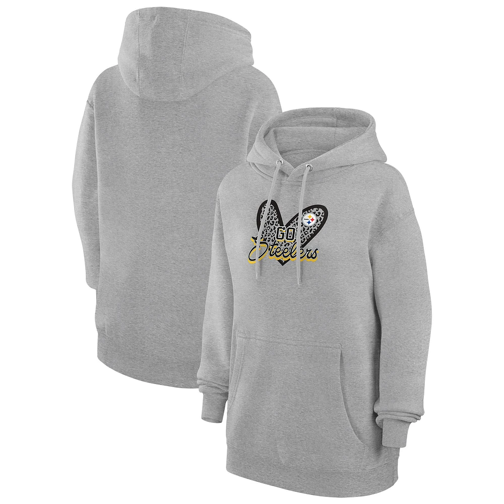 Women's G-III 4Her by Carl Banks Heather Gray Pittsburgh Steelers Animal Print Heart Team Graphic Fleece Tri-Blend Pullover Hoodie
