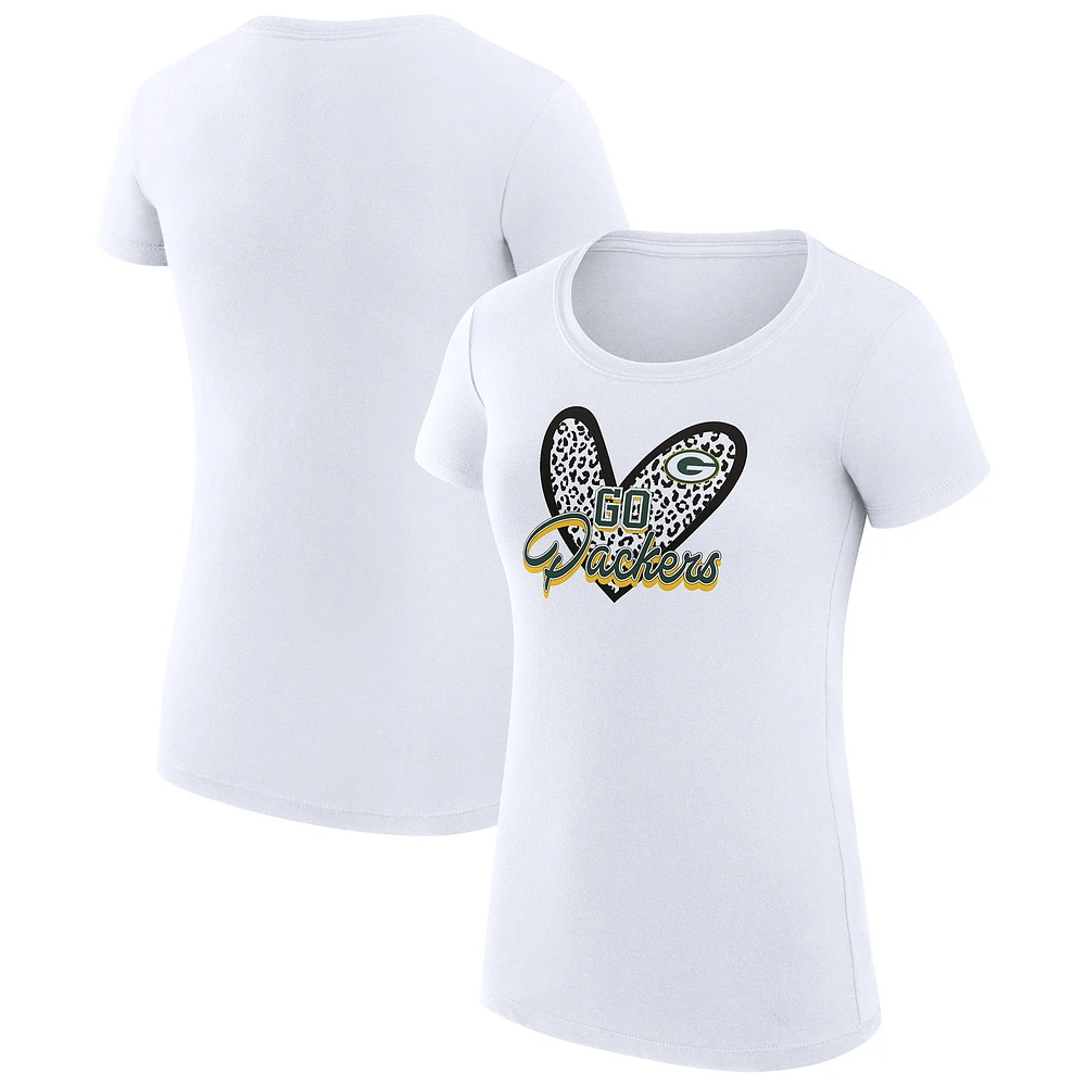 Women's G-III 4Her by Carl Banks White Green Bay Packers Super-Slim Fit Lightweight Animal Print Heart T-Shirt