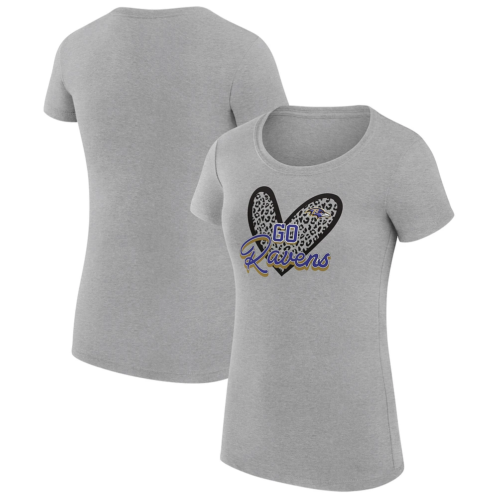 Women's G-III 4Her by Carl Banks Heather Gray Baltimore Ravens Super-Slim Fit Lightweight Animal Print Heart T-Shirt