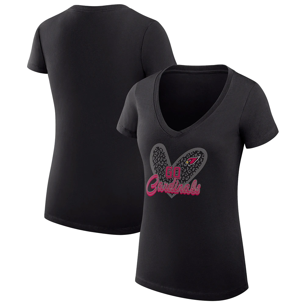 Women's G-III 4Her by Carl Banks Black Arizona Cardinals Super-Slim Fit Lightweight Leopard Heart V-Neck T-Shirt