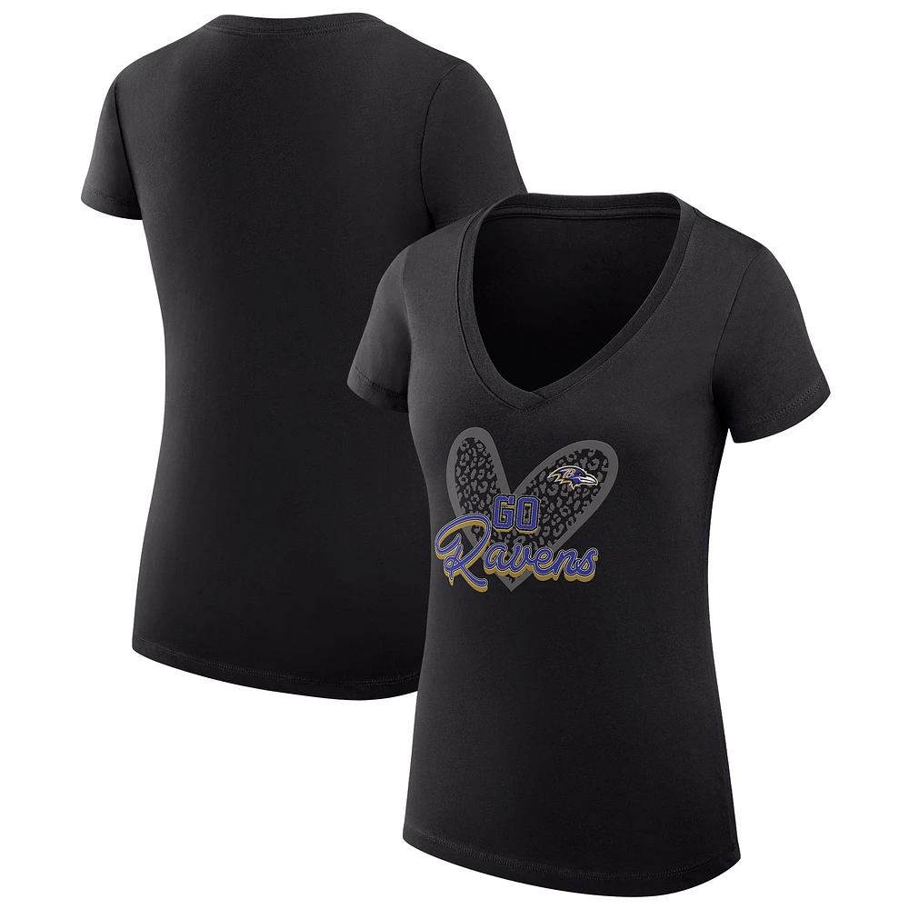Women's G-III 4Her by Carl Banks Black Baltimore Ravens Super-Slim Fit Lightweight Leopard Heart V-Neck T-Shirt